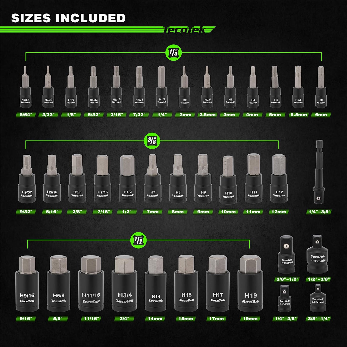 TecoTek 38PCS Hex Impact Bit Socket Set, 1/4", 3/8" and 1/2" Drive, SAE and Metric Allen Socket Bit, S2 and Cr-V Steel, S2 Steel, 5/64" - 3/4", 2mm - 19mm, Includes 5PCS Socket Adapters