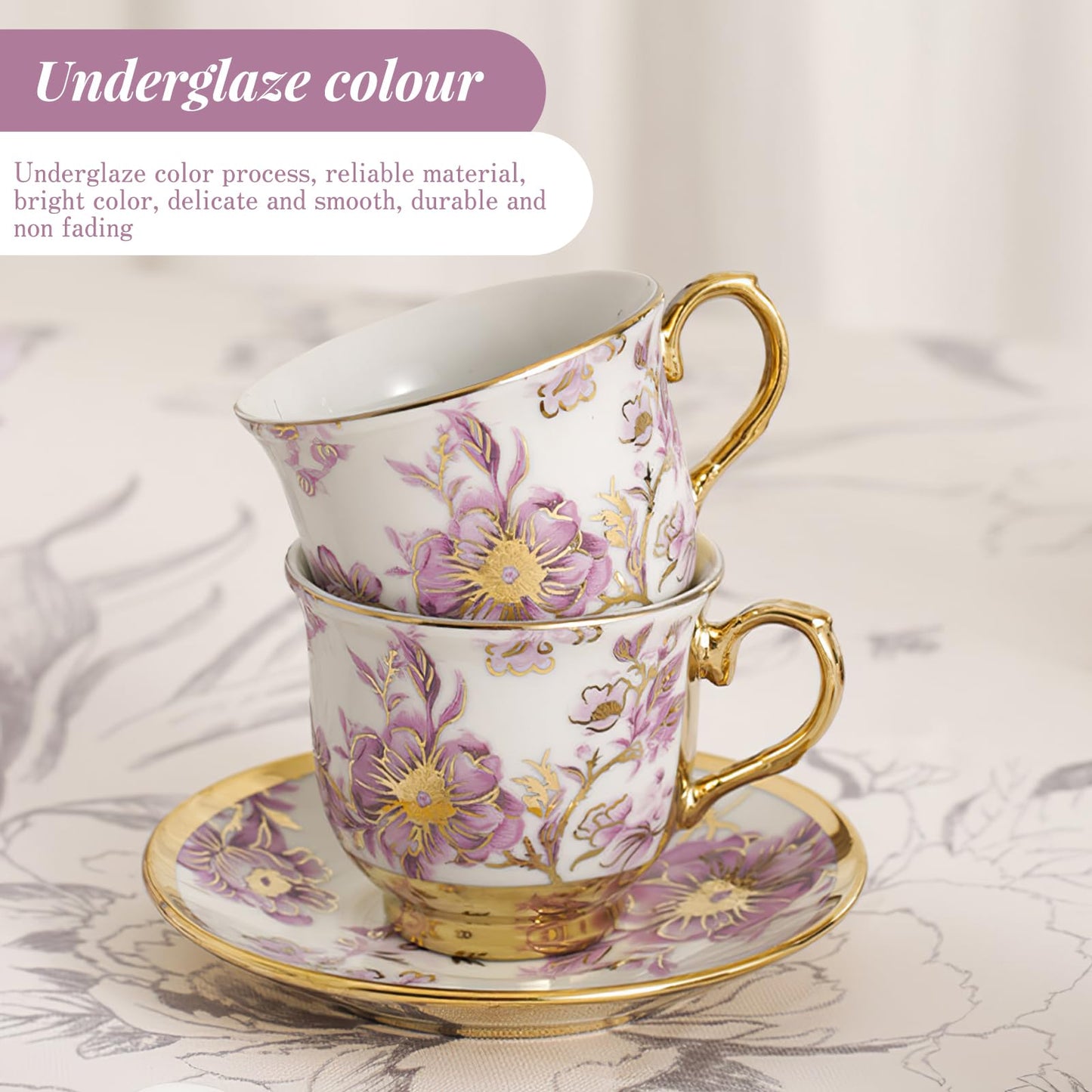 20Pcs Porcelain Tea Set for Adults, European Ceramic Tea Set Flower Ceramic Tea Cups (3oz), Teapot (15oz), & Saucers with Metal Holder for Women Tea Party (Purple)