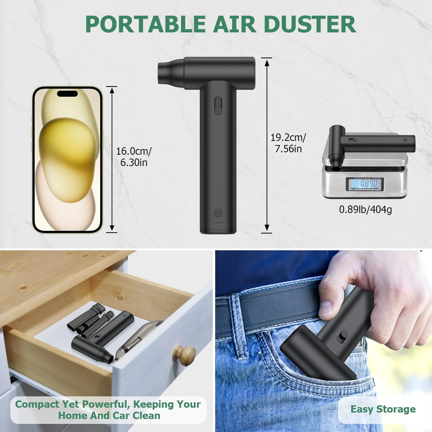 2-in-1 Air Duster and Vacuum Cleaner Cordless Air Blower with Adjustable Speed 37m/s, 4 Removable Nozzles, Rechargeable Mini Blower for Keyboard, PC, Car Cleaning and Outdoor Use