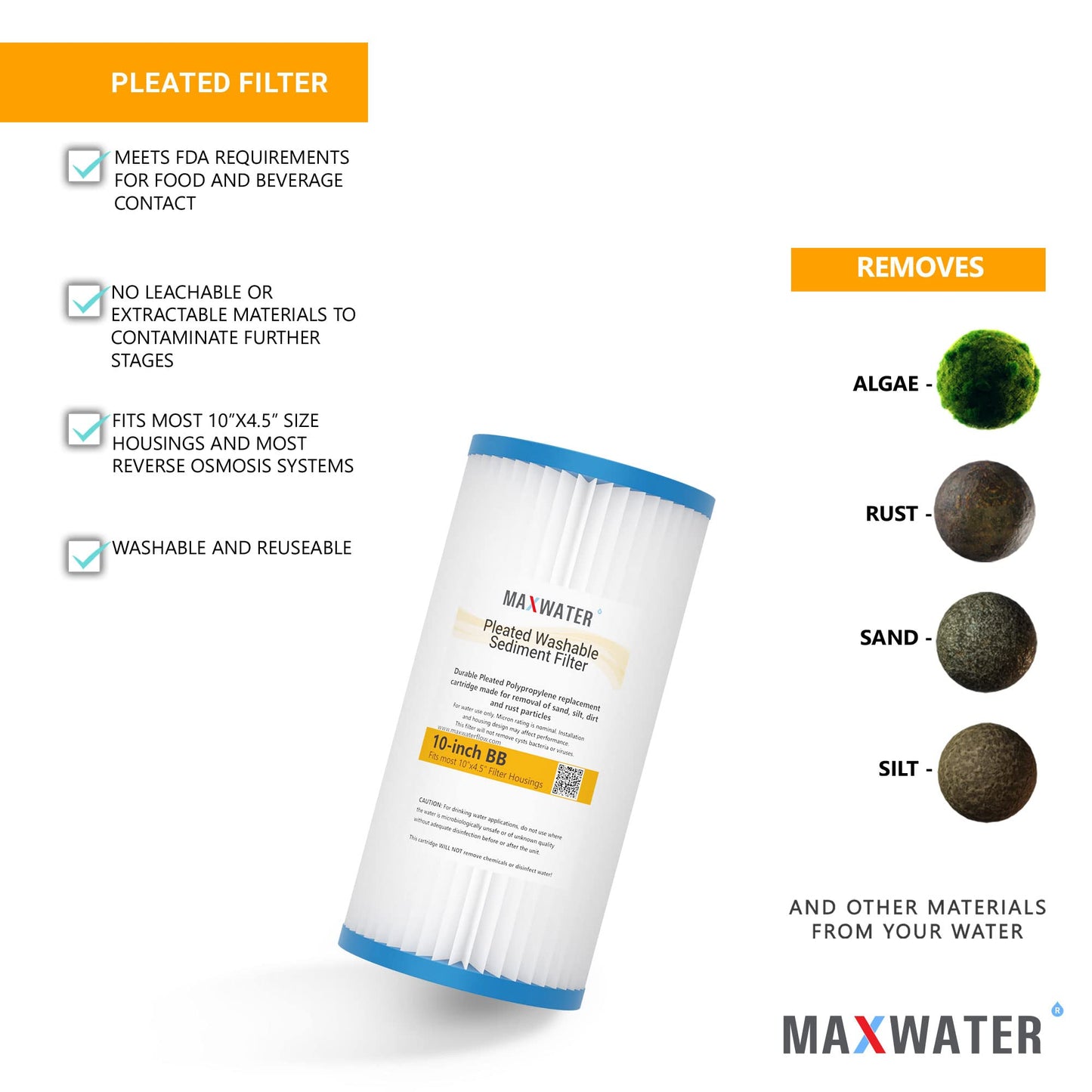 Max Water 10 Micron 10 x 4.5 Pleated Sediment Water Filter, Washable Replacement Cartridge for 10" BB Whole House Systems Compatible with R50-BBSA, FXHSC, WFHDC3001, W50PEHD, GXWH40L (4 Pack)