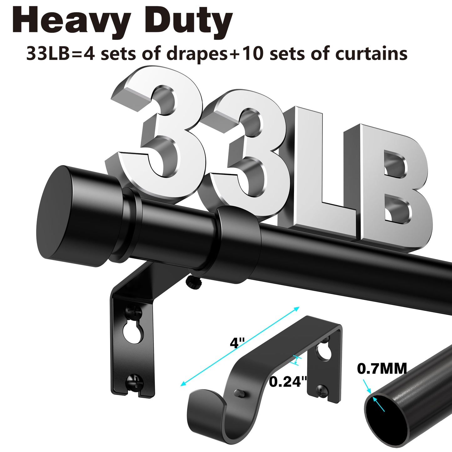 Black Curtain Rod 17 to 128 inch for Window 120 inch, Adjustable Heavy Duty Thick Matte Black Modern 10 ft