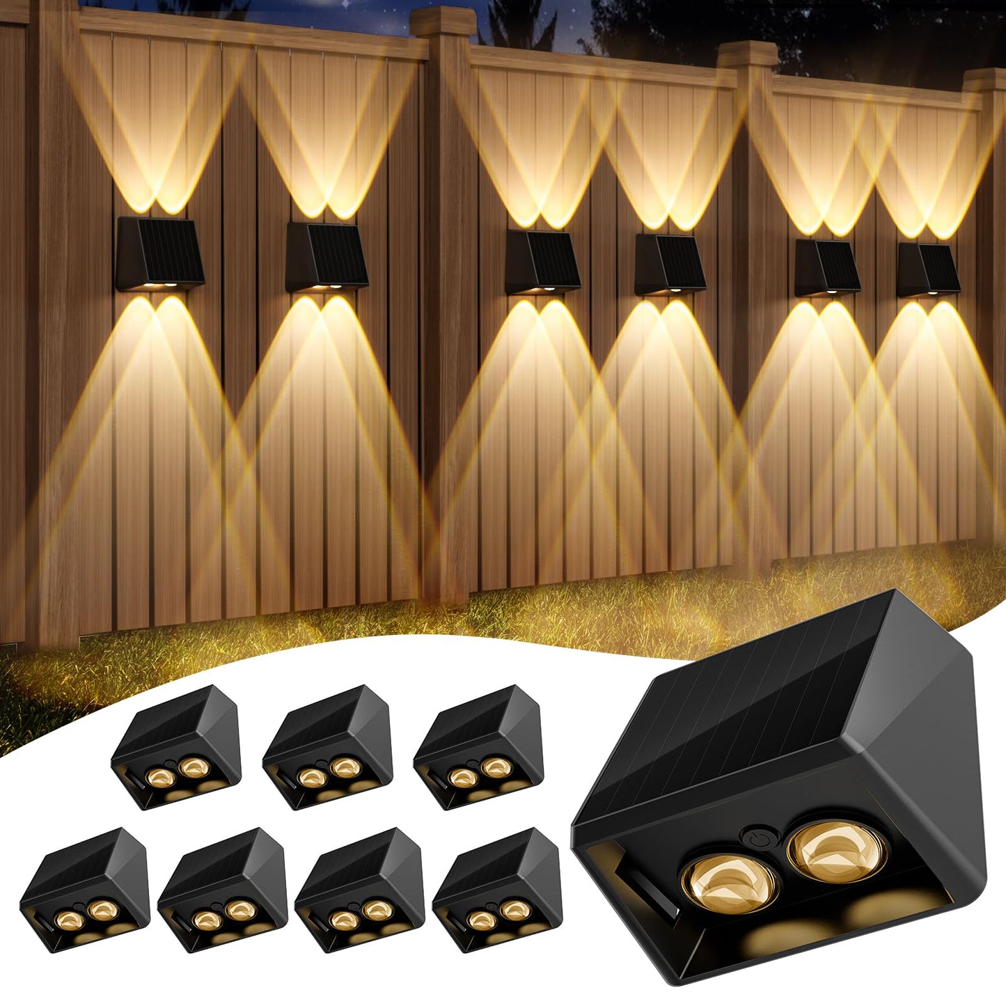 Quntis 8 Pack RGBCW Solar Fence Lights Outdoor, 13 Color Modes, Up & Down Lighting Solar Deck Lights, IP65 Waterproof Porch Lights, Fence Lights Solar Powered for Outside Yard Patio Railing Wall