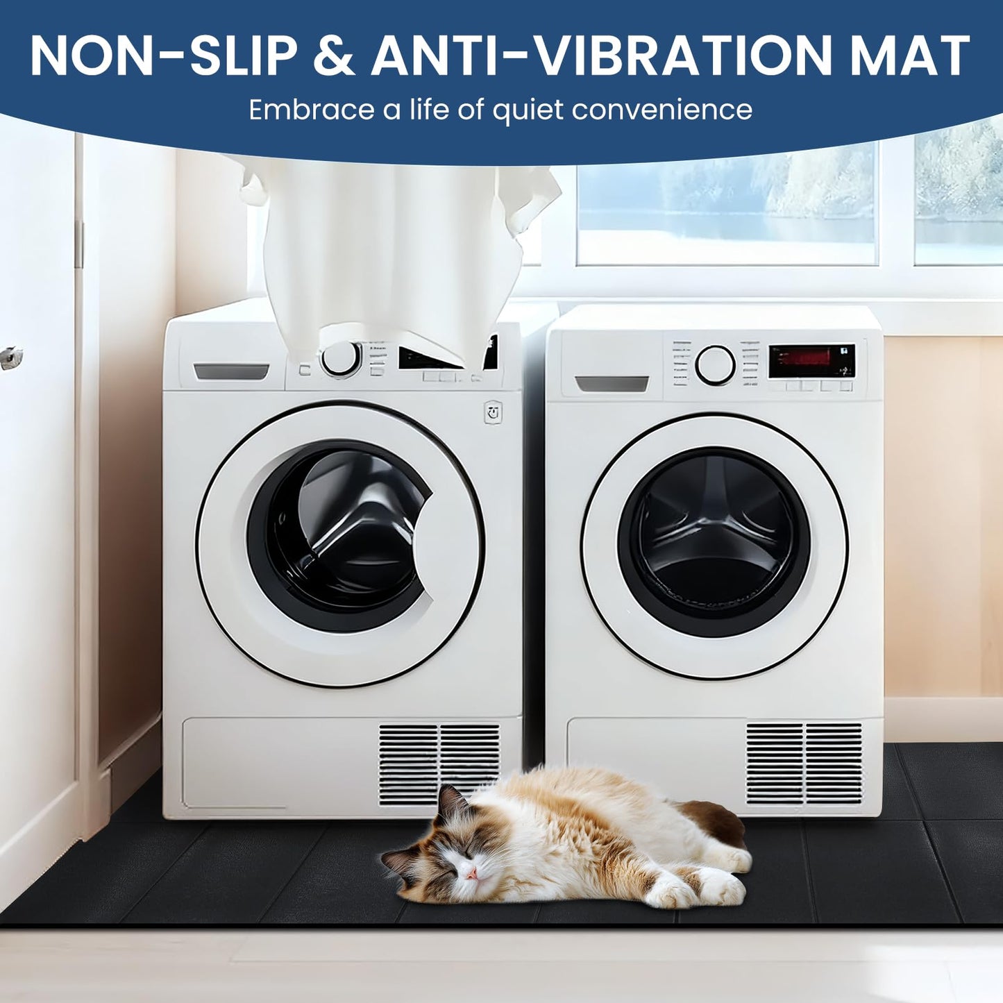 Under Washing Machine Mat , 7mm Thick Rubber Washer Dryer Mat 62.9x29.5 inches, Anti Vibration Mat Sound Absorbing Foldable PVC Mats for Floor Protection, Non-Slip Waterproof Cut-to-Fit