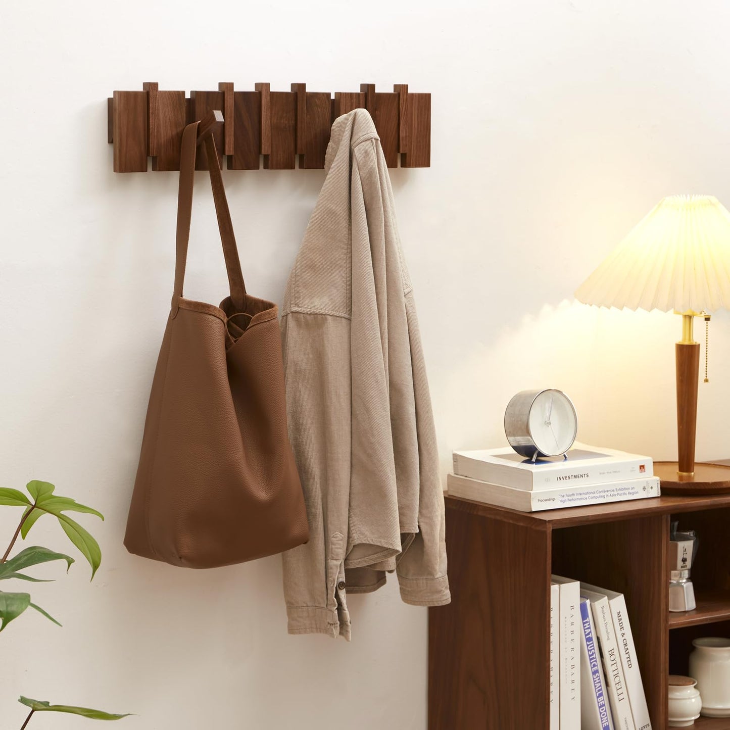 Wood Coat Rack Wall Mount, QUELLANCE Walnut Wall Coat Rack with 8 Hooks for Bathrooms&Door&Entryway, Wall Hooks for Hanging Coats/Keys/Hats/Robe&Towels/Plants/Backpaks