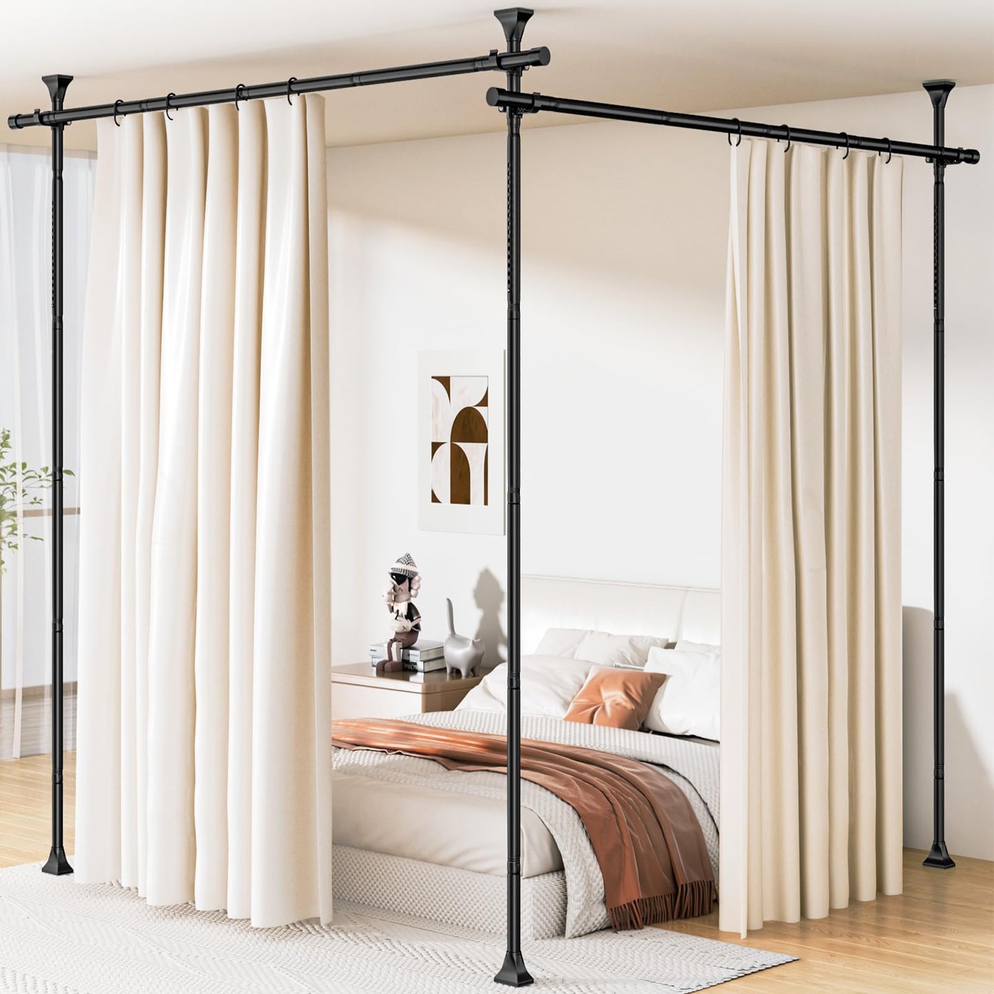 Room Divider Curtain Rod, No Drilling Tension Curtain Rod, 4-10ft H x 28-114in W Adjustable, Heavy Duty Freestanding Room Divider for Space Partition & Room Separation, Black