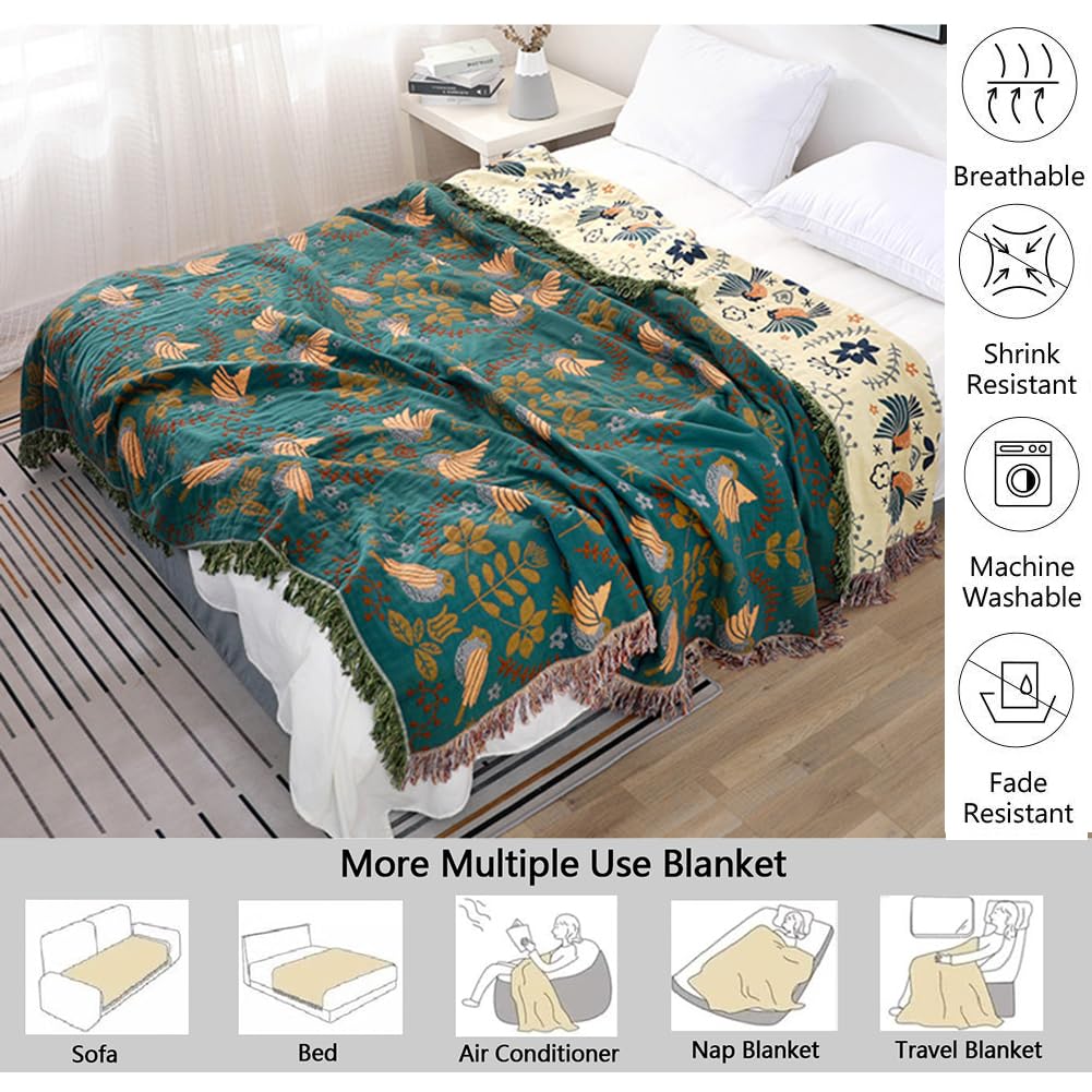 Boho Throw Blanket for Bed - 100% Cotton Ultra Soft Rustic Quilt Blanket Blue Bird Floral Printed Decor Farmhouse Bed Blankets, Super Soft Warm All Season Blanket for Sofa Couch Bed Chair, 60"×80"