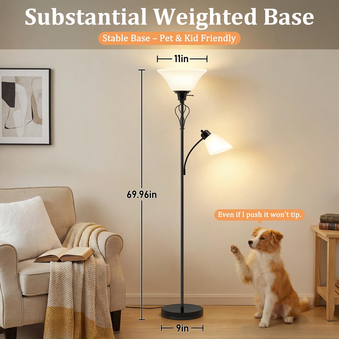 Floor Lamp for Bedroom, 70" Tall 2-in-1 Torchiere Floor Lamp with Adjustable Gooseneck Reading Light, Plastic Shade Lamps Separate On/Off Switch Modern Corner Standing Lamp for Living Room, Office