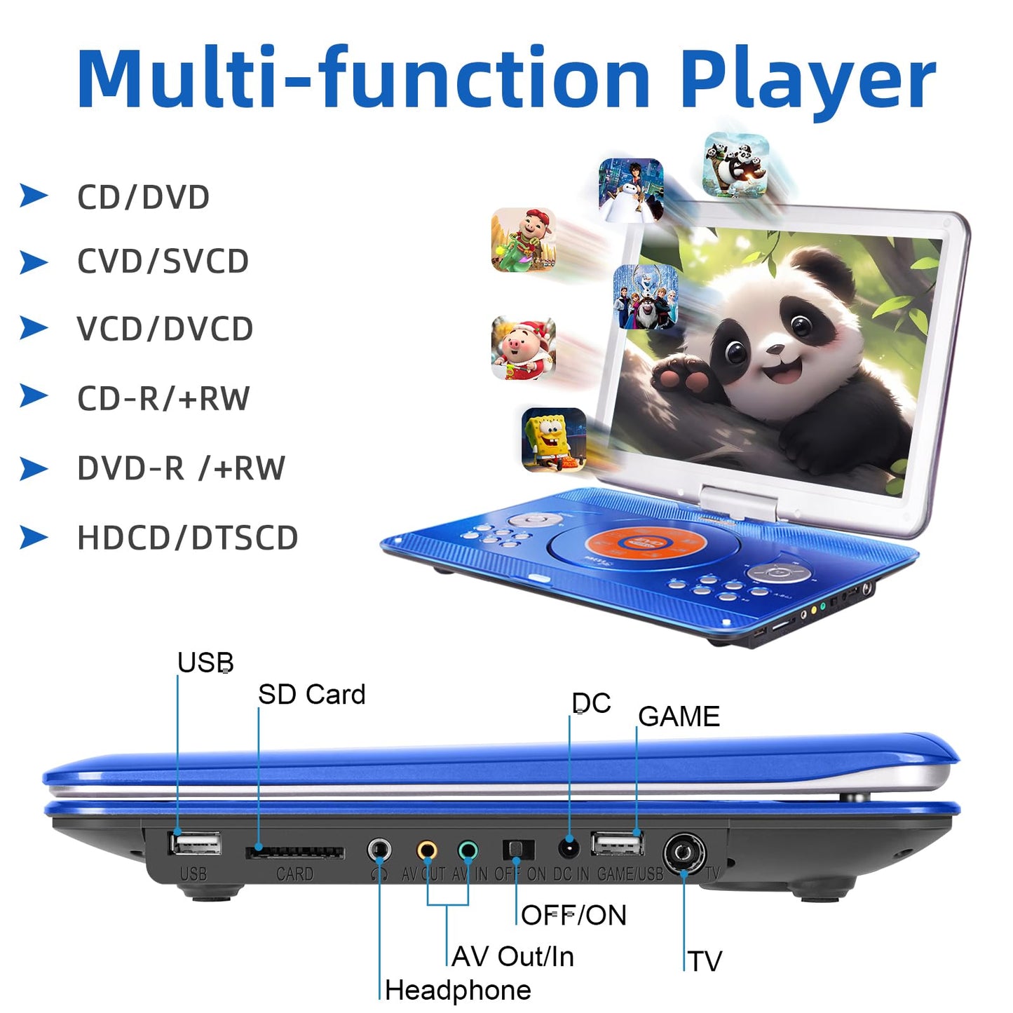 16.9" Portable Mobile DVD Player with 14.1" Large Swivel Screen with 6 Hrs Rechargeable Battery for Kids, Sync TV, Support USB SD Card with Car Charger (Blue)