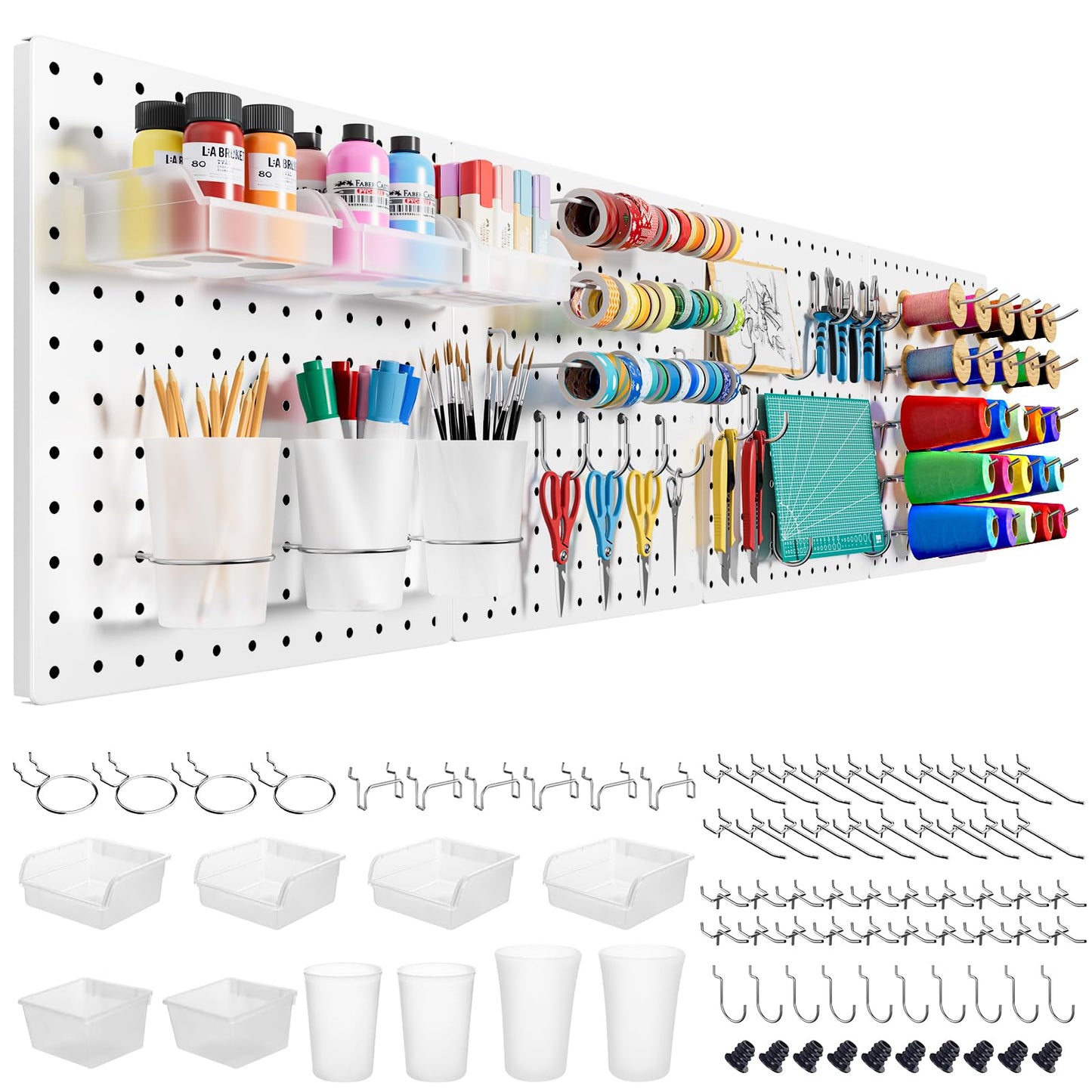 FZK Peg Board Kit, 4 Metal Pegboard Wall Organizer with 70 Accessories, Heavy Duty Pegboard for Walls, White Pegboard for Garage, Craft Room, Workbench, Office, Kitchen,Tool Organization