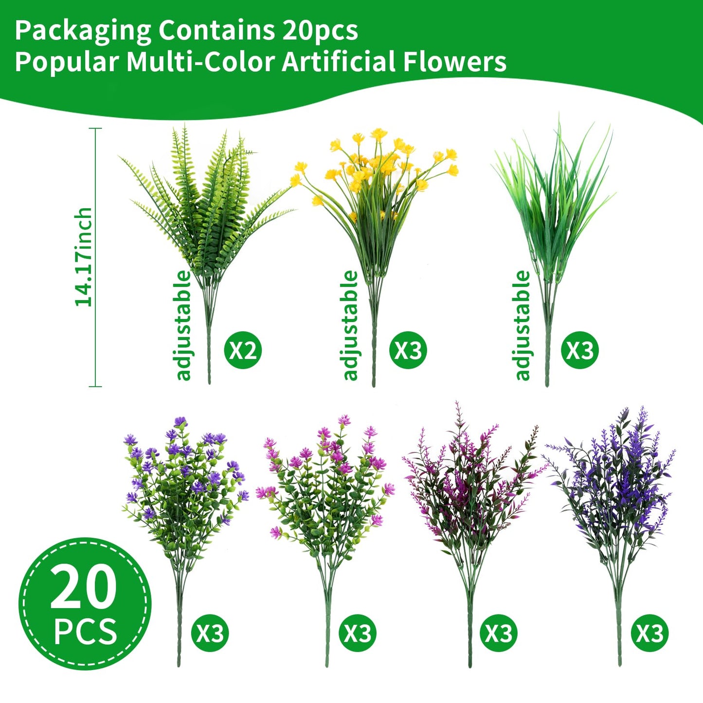 ZEOSTAR 20 Bundles Artificial Flowers Outdoor No Fade UV Resistant Fake Plants Faux Flowers for Garden Patio Porch Window Box Home Wedding Farmhouse Hanging Décor