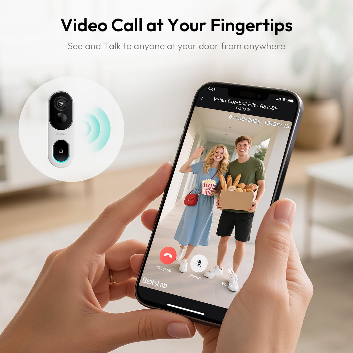 BOTSLAB 2K Video Doorbell Camera Wireless Outdoor with Head-to-Toe View, No Monthly Fee, Two Way Audio, Human Detection, Battery-Powered, 2.4G WiFi, IP66