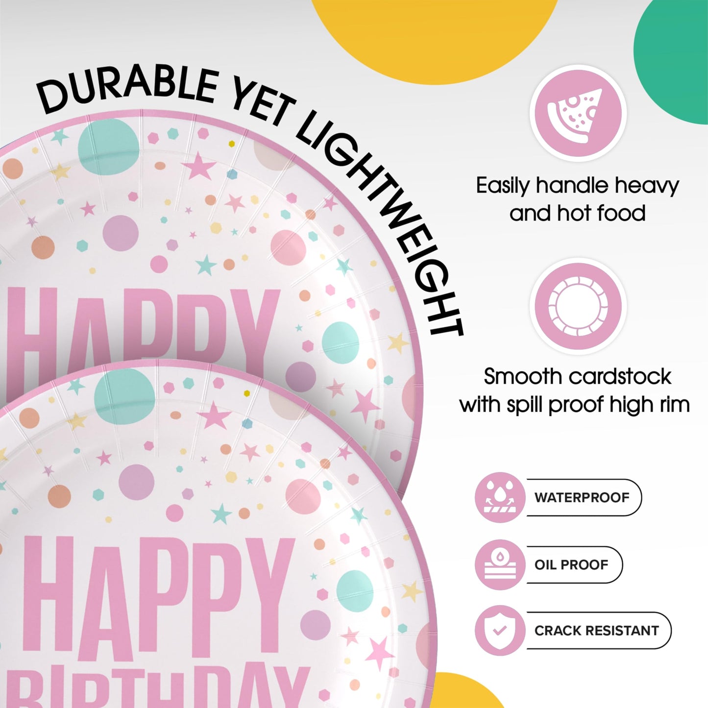 Exquisite Pink Birthday Paper Plates Disposable Heavy Duty 100 Pcs - 50-7" & 50-9" Pink Birthday Plates For Party Heavy Duty Paper Plate 350 GSM Party Supplies Plate Set