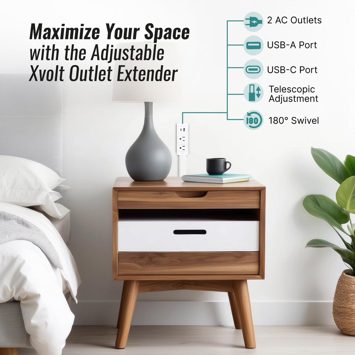 Electrical Outlet Extender,Access Hard-to-Reach Outlets! Features USB-A, USB-C, and 2 AC Outlets, Extends 17"-27", Rotates 180°,Use Behind Couches, Nightstands, Desks, and More- 1PCS