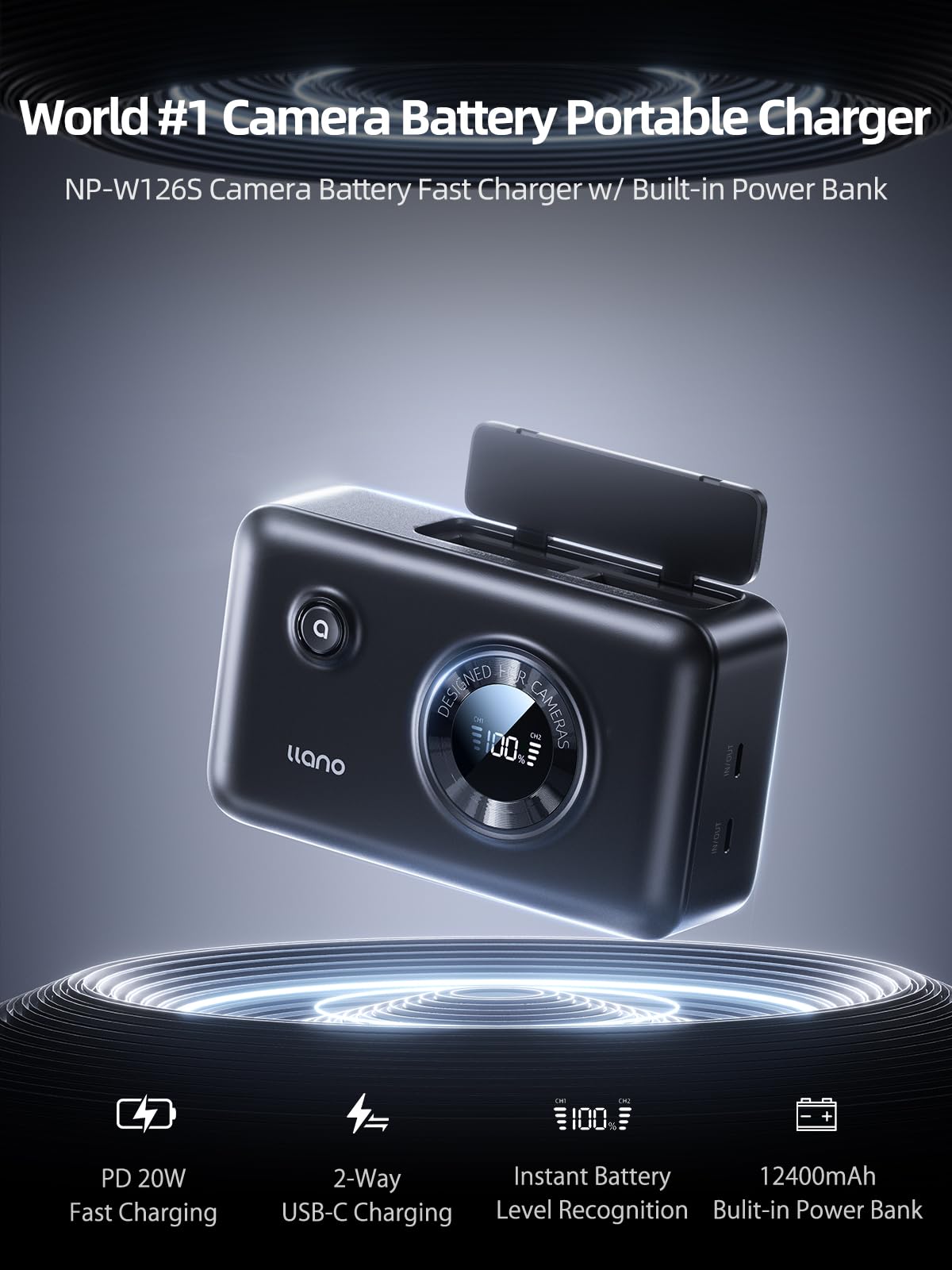 llano 2-in-1 NP-W126S Dual Fast Camera Battery Charger with Built-in 12400mAh Power Bank, PD 20W USB-C Charging, Compatible with Fujifilm NP-W126S NP-W126 X100VI X100V XT30II XT30 XS10 XT3 XT2 XT1