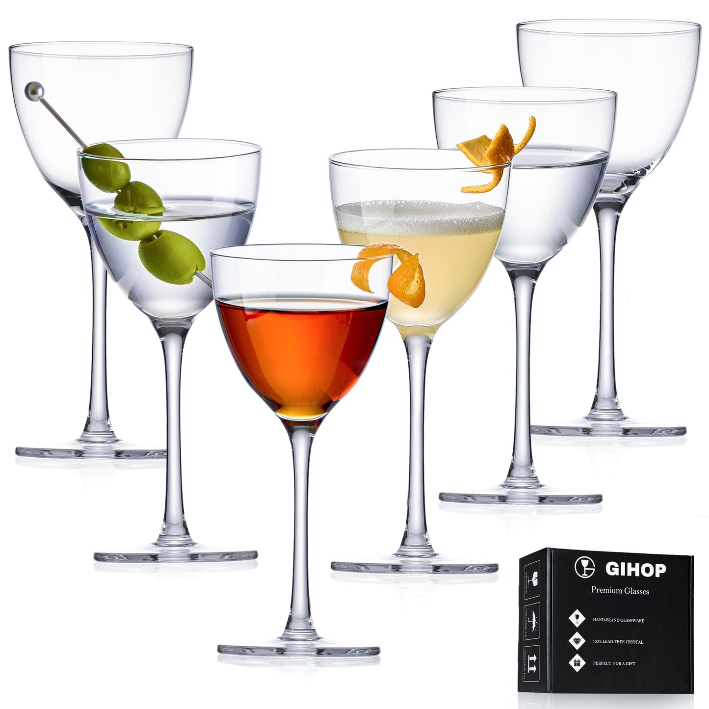 GIHOP Nick and Nora Cocktail Glasses, 5.8Oz Hand Blown Martini Glasses Set of 6, 100% Lead-Free Craystal Coupe Glassware, Small Cocktail Glasses for Manhattan, Cosmopolitan, Espresso with Gift Box