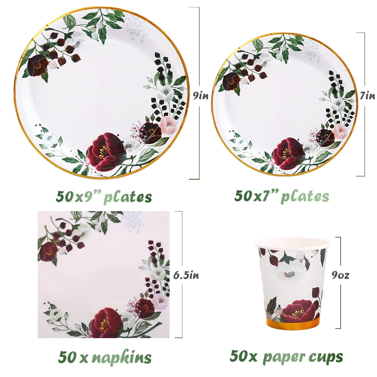 Gudvilla 200Pcs Floral Paper Plates and Napkins Party Supplies - Bridal Shower Decorations Serves 50, Burgundy for Wedding, Birthday, Valentine's Day, Easter, Spring Party