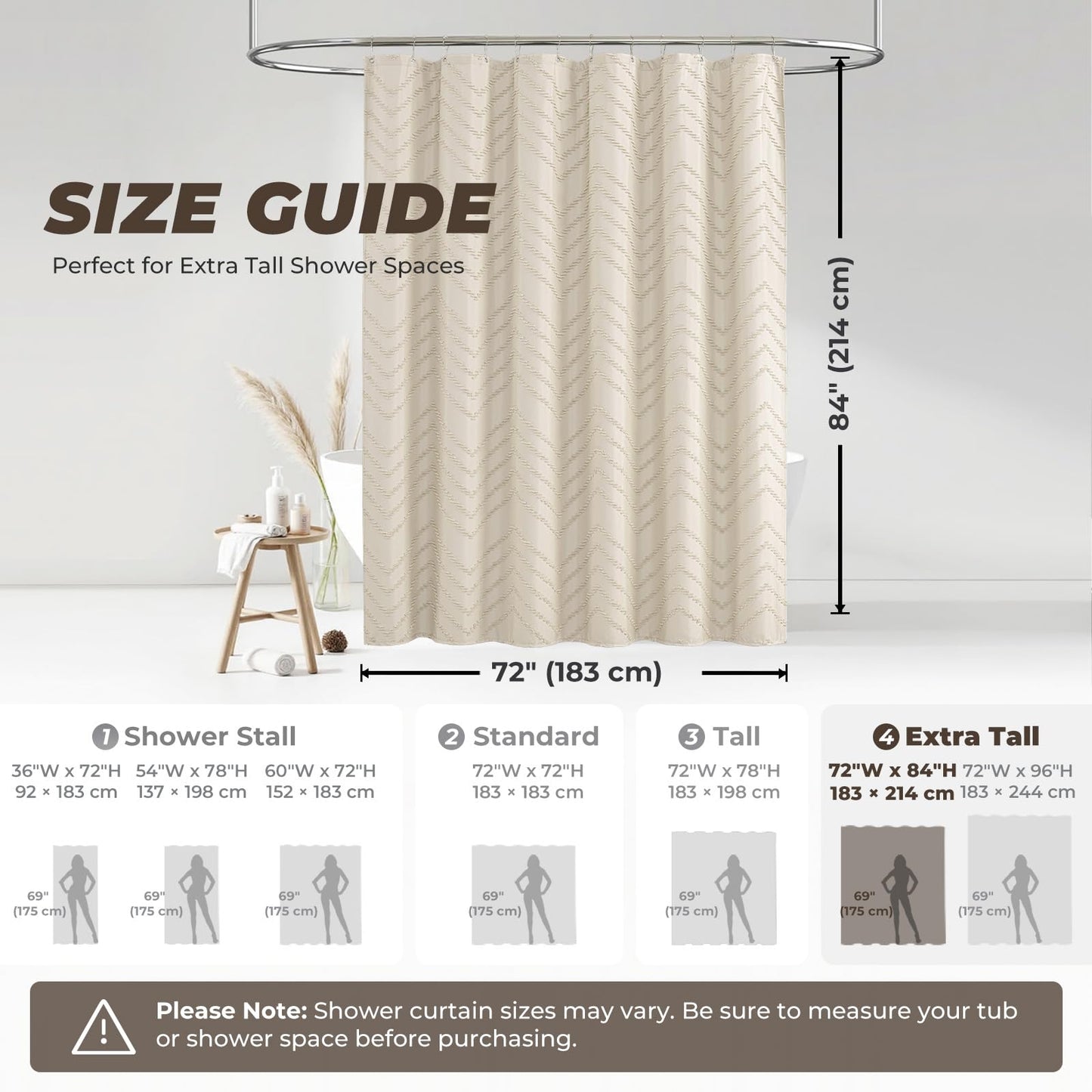 84inch Extra Long Beige Shower Curtain Modern Farmhouse Shower Curtain Bohemian Chic Tufted Chevron Textured Striped Minimalist Shower Curtain Woven Fabric Cute Beige Shower Curtain