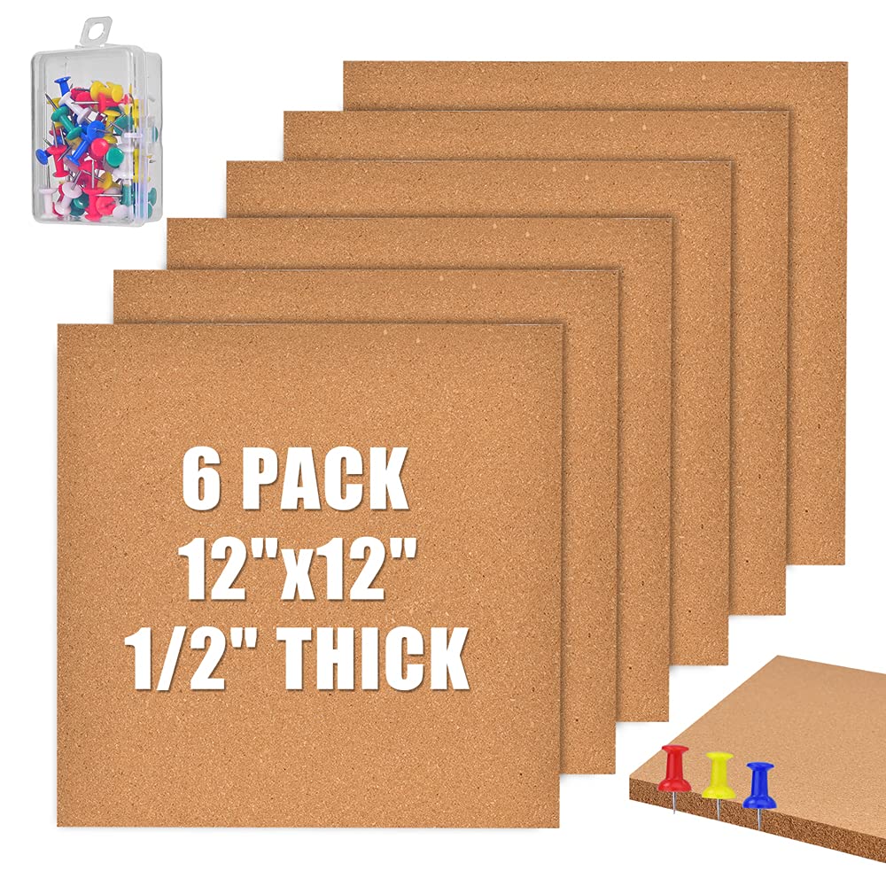 YCCYYCCY 12"x12" (30.5 X 30.5cm) Self-Adhesive Cork Borad, 1/2" (12mm) Thick Cork Boards for Walls, 6 Pack Bulletin Board with 50 Push Pins, Cork Board Tiles for Office, Home, School(12mm,6P,CA)
