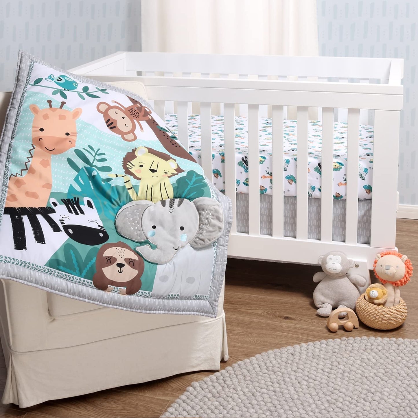 The Peanutshell 3 Piece Baby Crib Bedding Set for Boys & Girls - Newborn, Infant & Toddler Nursery Bed Set Decor with Fitted Crib Sheet, Dust Ruffle Comforter - Safari Adventures