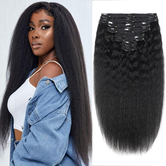 Brazilian Virgin Kinky Straight Clip in Hair Extensions 8Pcs/lot 120g With 18 Clips Yaki Straight Clip in Hair Extension Real Human Hair Natural Black Color For Black Women (16Inch)