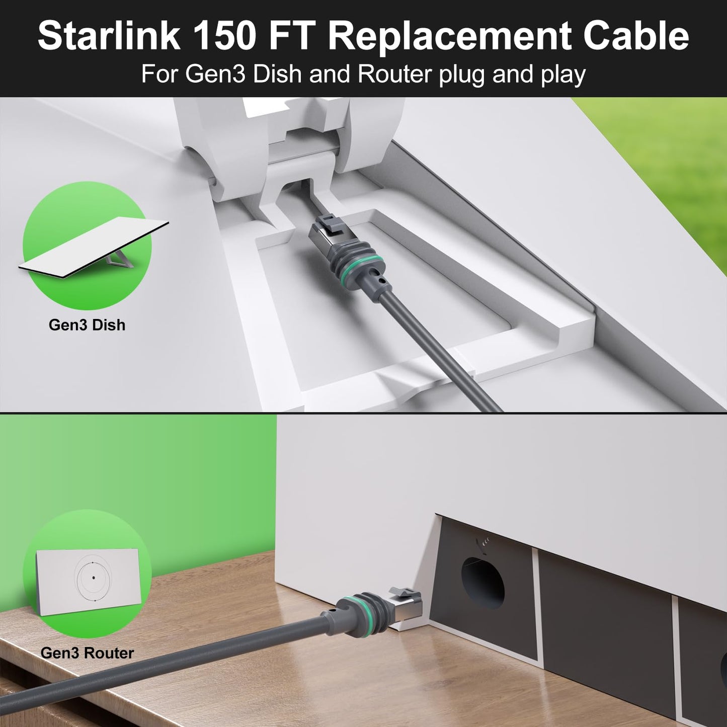Starlink Gen 3 Cable 150FT/46M, Starlink Cable Gen 3 Replacement Standard V3 Cable for Starlink Rectangular Waterproof Extension Ethernet Cable Gen 3 Accessories