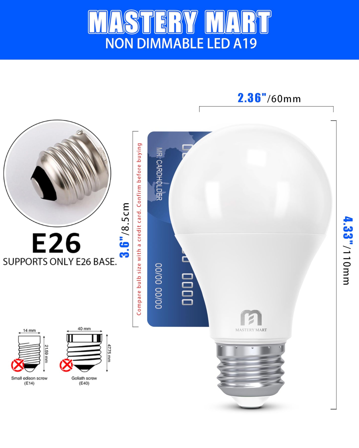 24 Pack Mastery Mart A19 LED Bulbs 60 Watt Equivalent, 9W Non-Dimmable, Flicker-Free, 800 Lumens, Bright Daylight White 5000K, E26 Base, 10000 Hours, Energy Saving, Bright for Living Room, Bedroom