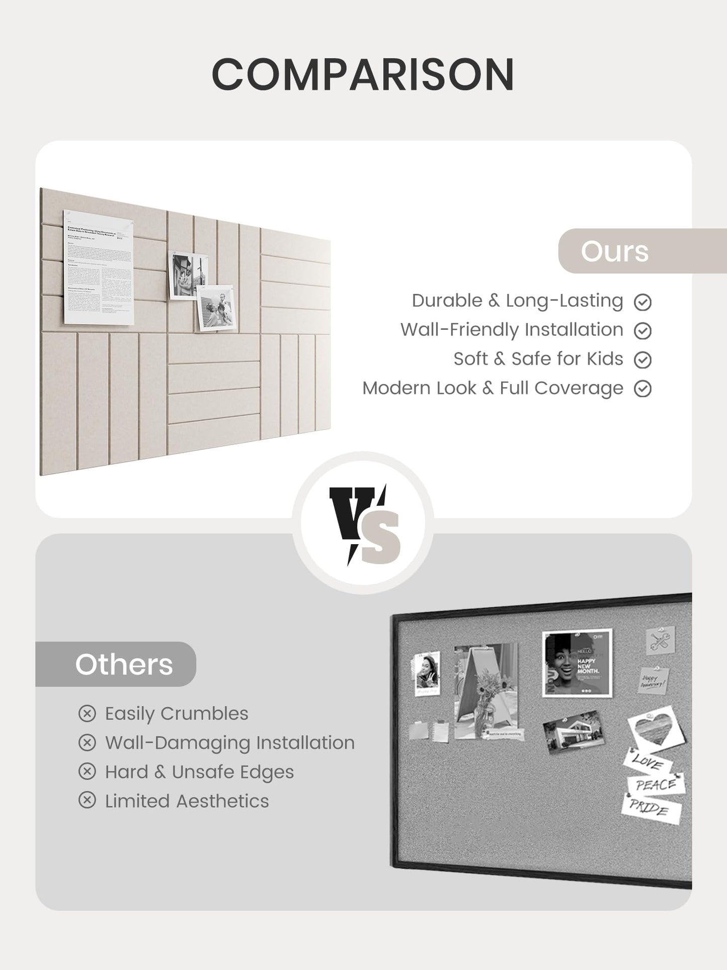 Bumusty Large Felt Bulletin Board, 36" x 24" Cork Board Alternative, 6-Pack Bold Stripe Felt Wall Tiles with 30 Push Pins and 40 Adhesive Tabs, Ideal for Office, Home & Classroom, Oatmeal