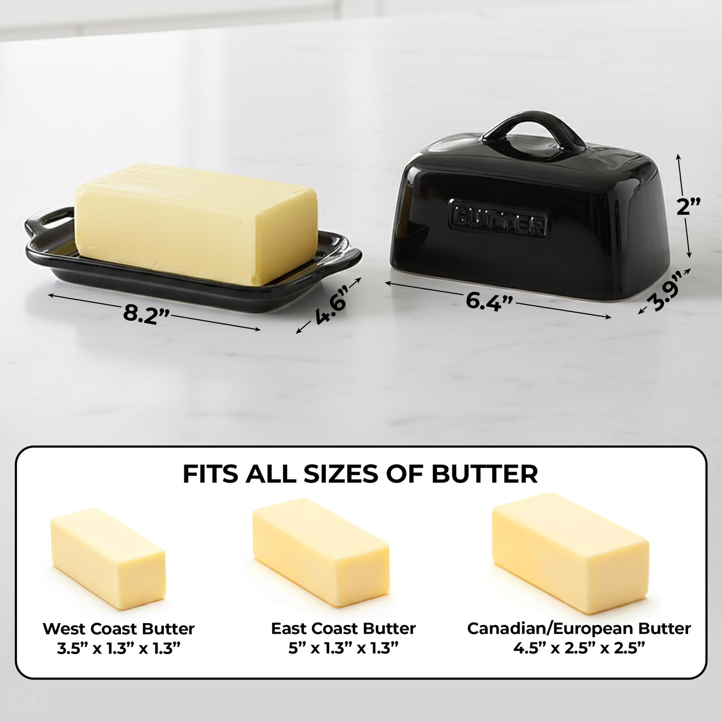 Zulay Butter Dish with Lid – Large 1 lb Canadian Size, Black Porcelain Butter Tray & Butter Container for Countertop or Refrigerator - Black