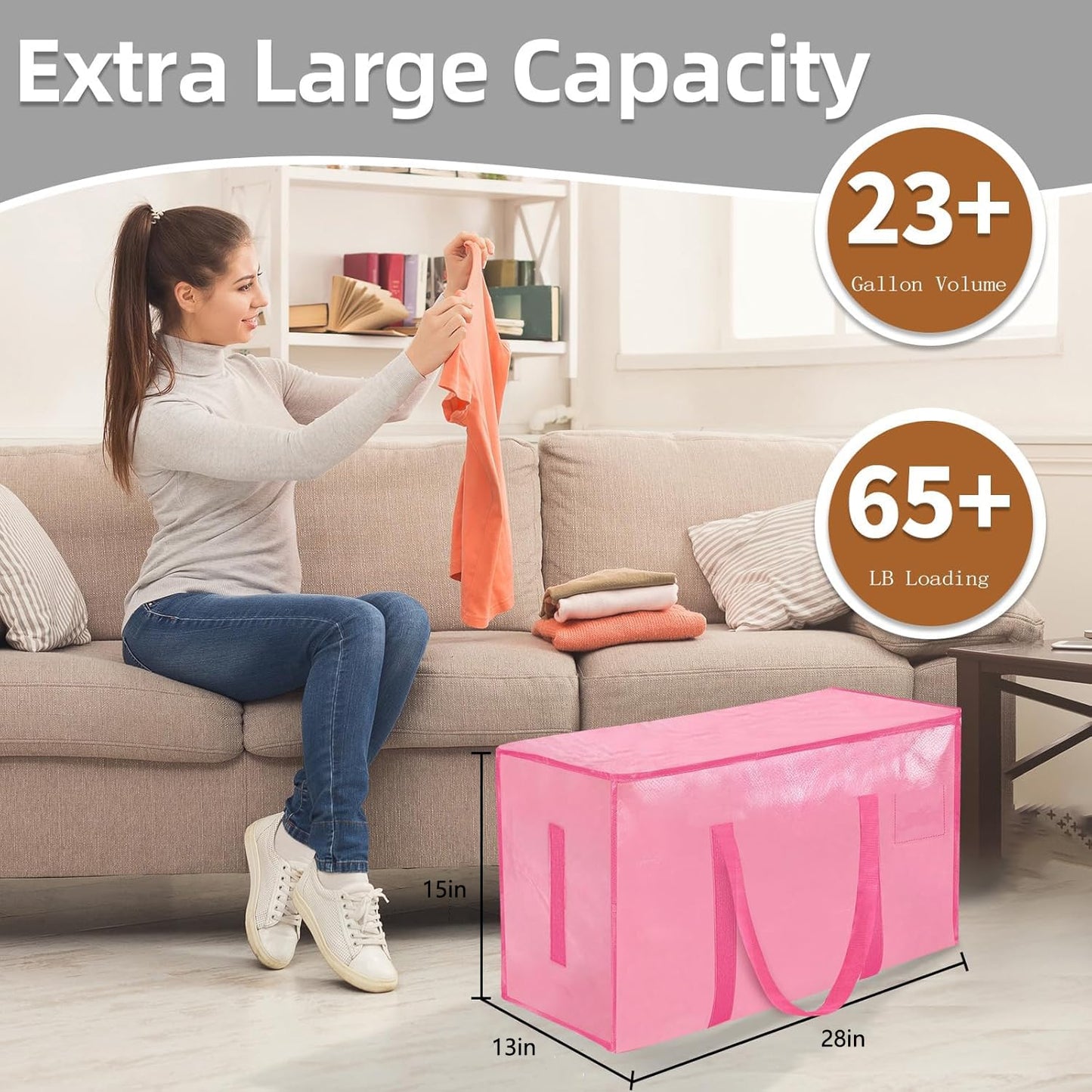 Extra Large Heavy Duty Moving Bags - Waterproof Storage Totes with Reinforced Handles & Zippers, Foldable for College Dorm Essentials, Clothes Storage & Travel (6-Pack Pink)