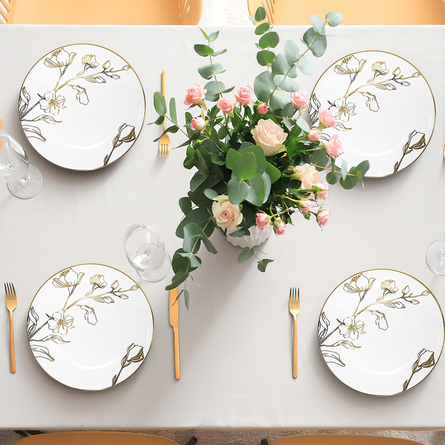150Pcs Plastic Party Plates, 7.5 Inch Disposable Dinner Plates with White & Gold Rim Floral, Dessert Appetizer Elegant Fancy Wedding Plates Gold Plastic Plates for Party Holiday