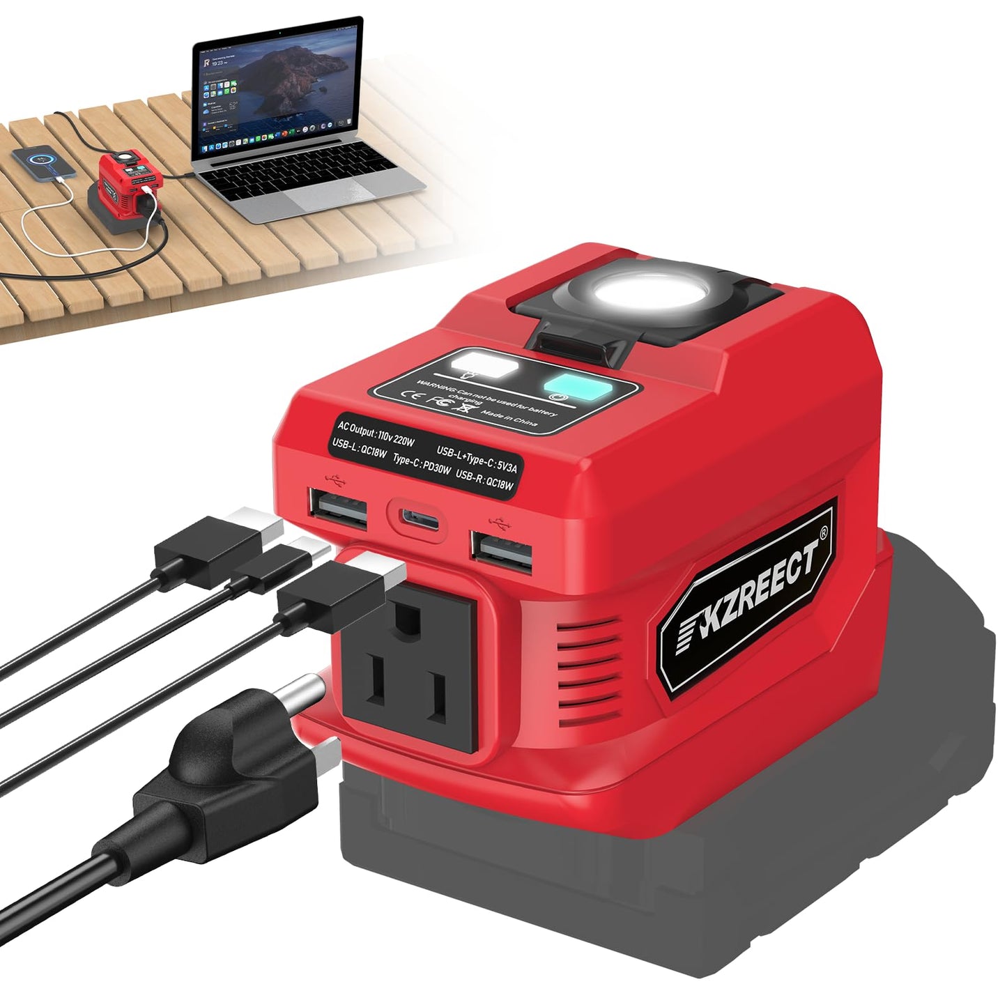 220W Power Inverter Compatible with Milwaukee 18V Battery Inverter DC 18V to AC 110V, 2 USB-A & 1 Type-C & 1 AC Outlet, 400 Lumen (Battery Not Included)