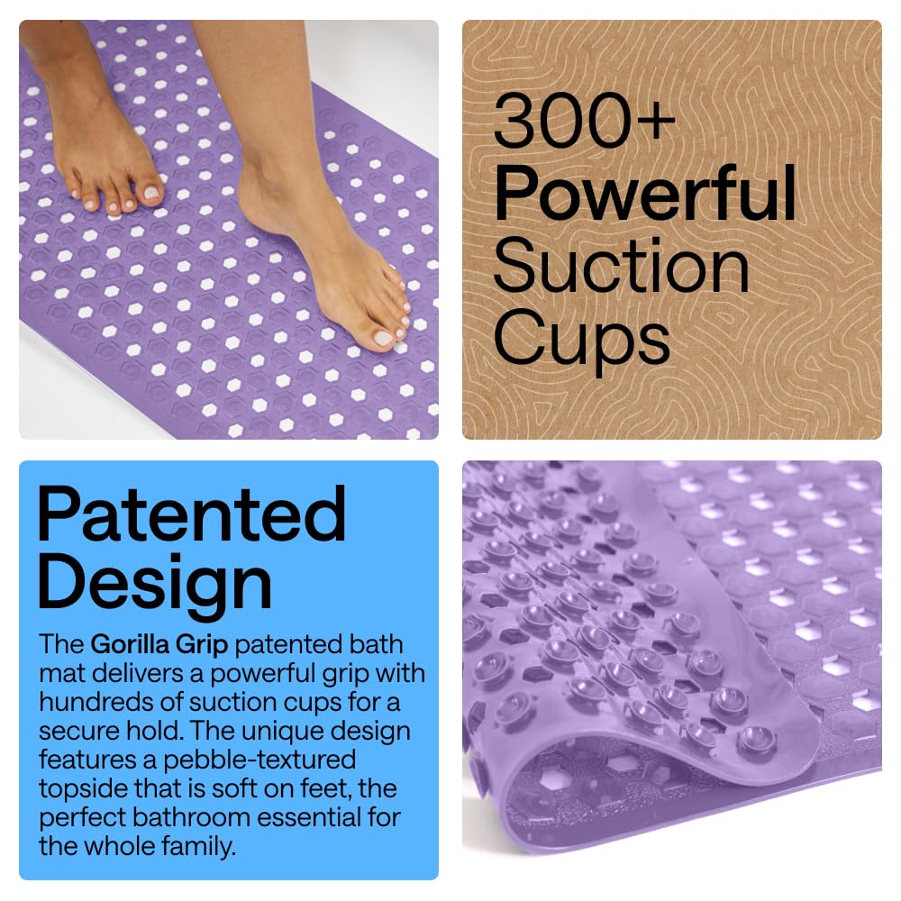 GORILLA GRIP Bath Tub Shower Mat, Machine Washable Bathtub Floor Liner Mats, Suction Cups and Drain Holes to Keep Tubs Clean, Soft on Feet, Bathroom Essentials, 89x41 cm, Purple Opaque