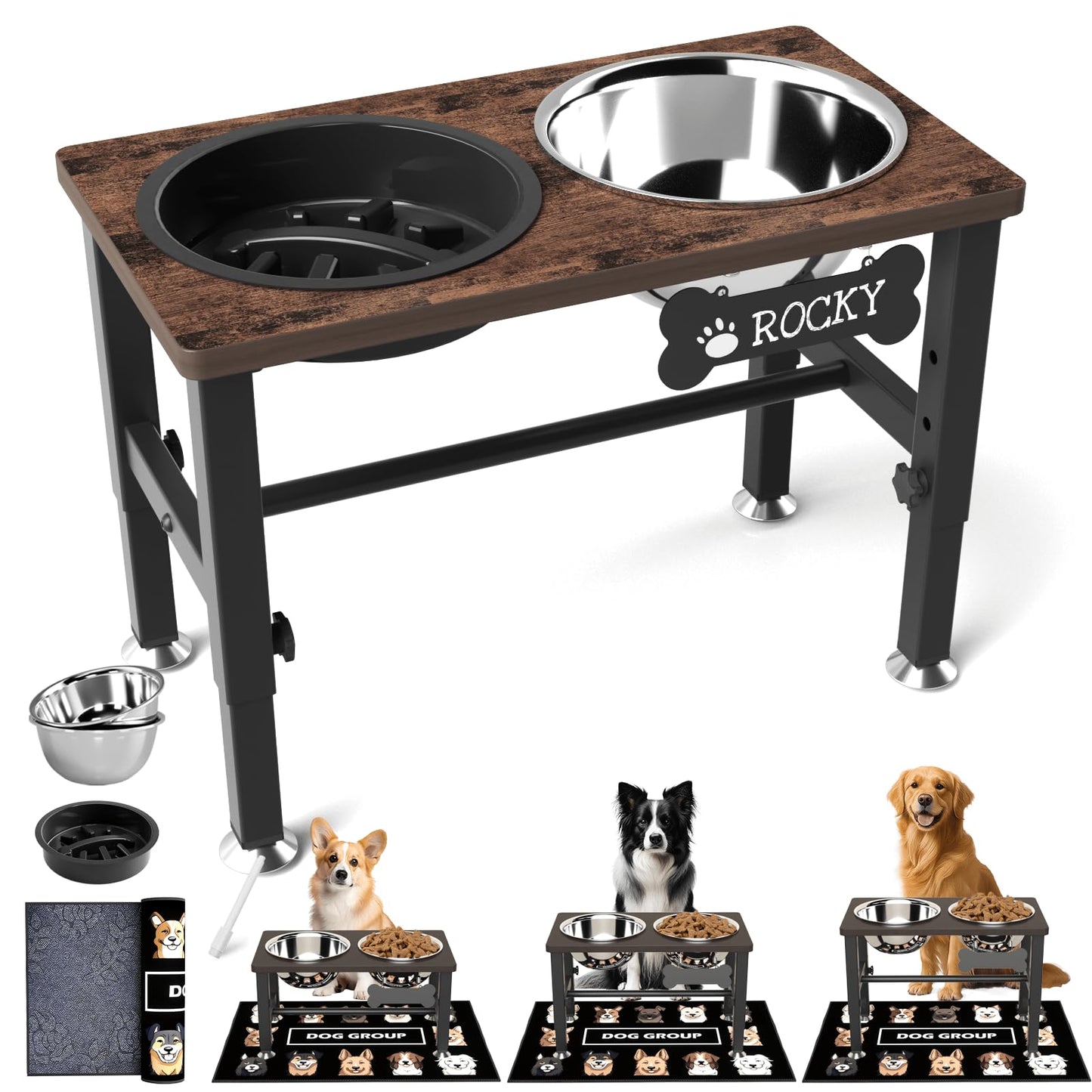 SHAINFUN Elevated Dog Bowls with Slow Feeder & Mat for Medium and Large Dogs, 16" Tall Adjustable Wooden & Metal Raised Dog Bowl Stand, 2 Stainless Steel 58oz Bowls for Food & Water
