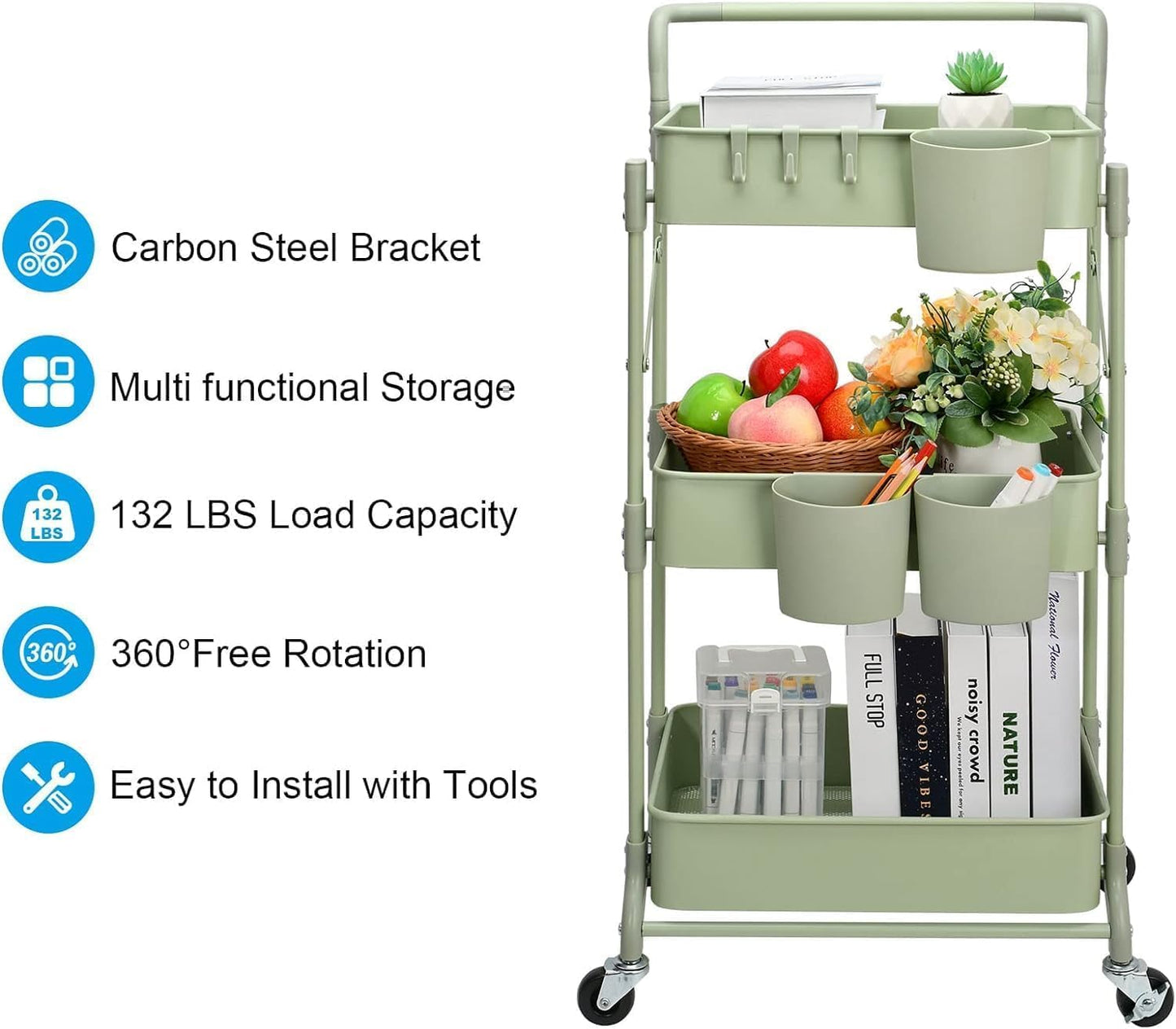 johgee Foldable 3 Tier Rolling Cart, Folding Metal Utility Cart, Mobile Multi-Function Storage Trolley Organizer Cart for Home Library Office(Green)