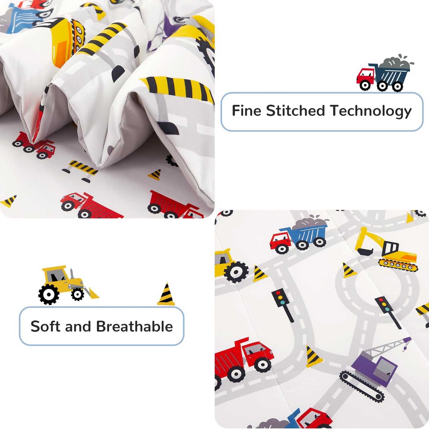 Viviland Kids Full Double Bedding Sets for Boys, Girls Soft Full Double Comforter Set with Sheets, 7 Pieces Microfiber Bed in a Bag, White Car Excavator