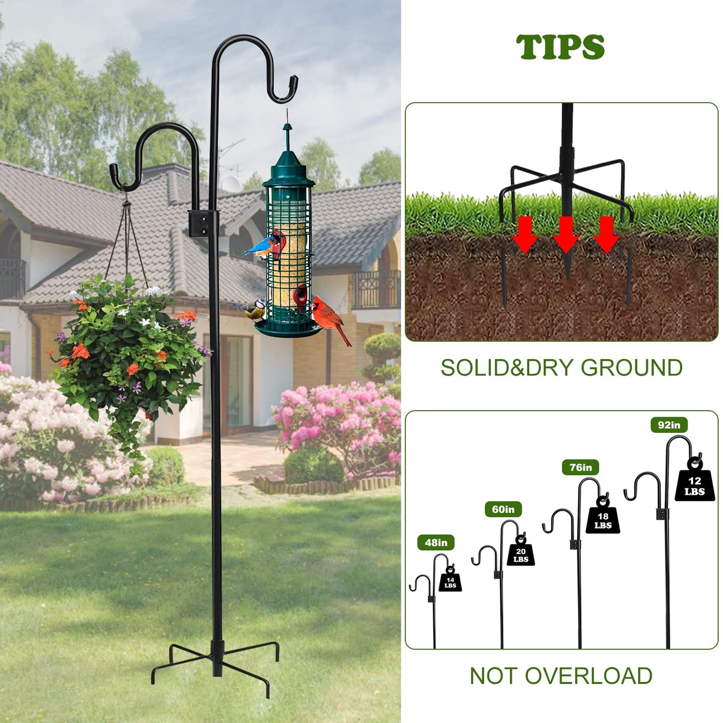 Double Shepherds Hooks for Outdoor Heavy Duty Bird Feeder Pole 76 Inch Plant Hangers with 5-Prong Base Adjustable Plans Stand for Bird Feeders,Weddings Deco,Wind Chime,Solar Lights Lantern