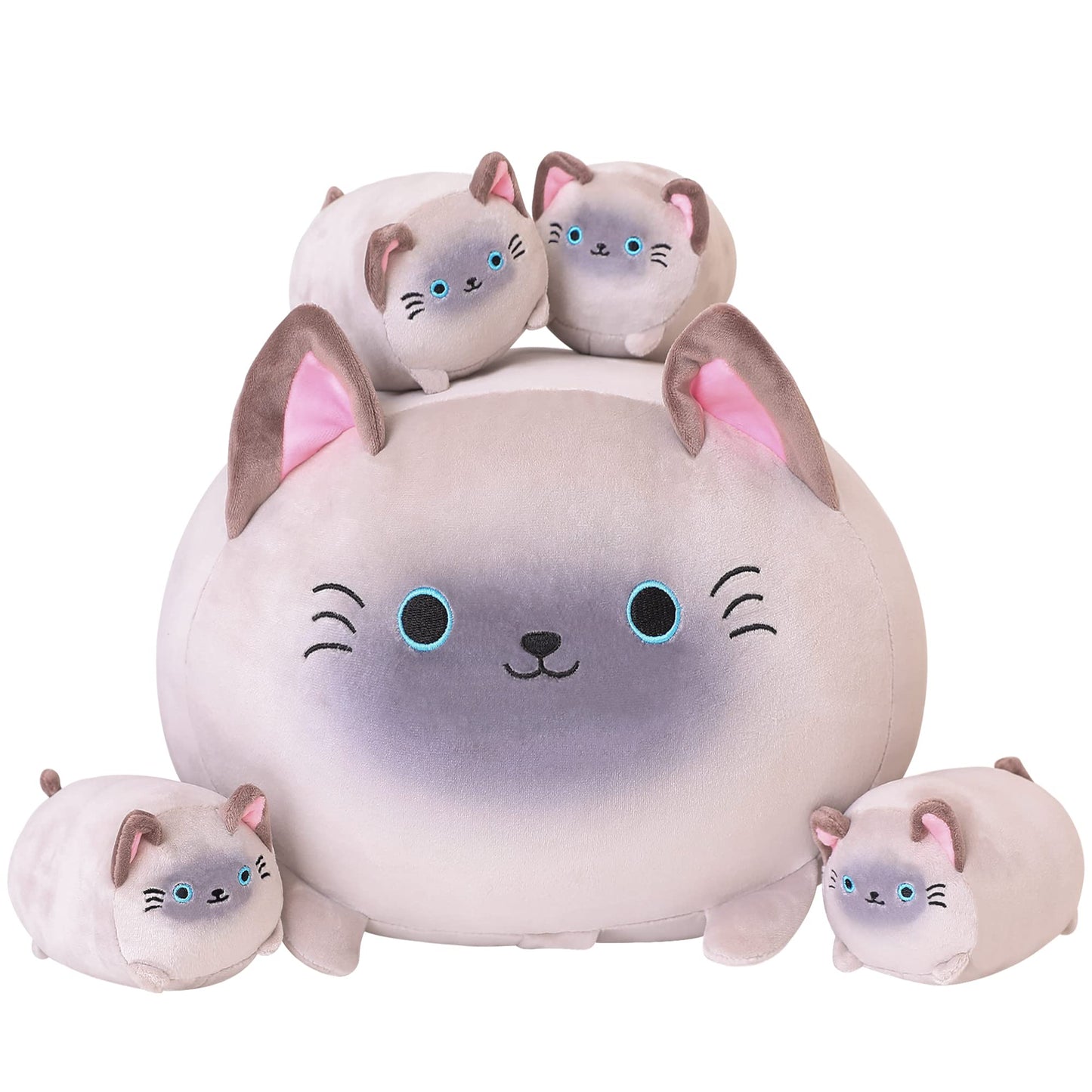 SQEQE Siamese Cat Plush, Cute Siamese Cat Stuffed Animals Mommy with 4 Squishy Kitties in Her Tummy, Soft Plushies Pillow Gifts for Kids