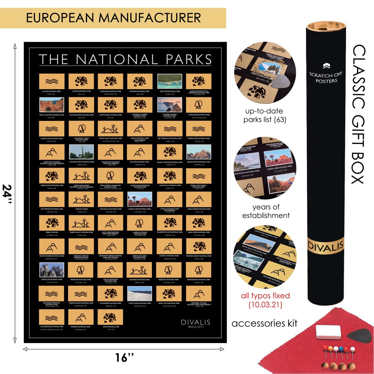 2 in 1 Gift Set - Scratch Off US Map and 63 National Parks Poster - 24x16 Easy to Frame Scratchable United States of America Posters - Globetrotters Wall Map - Black and Gold Travel Tracker