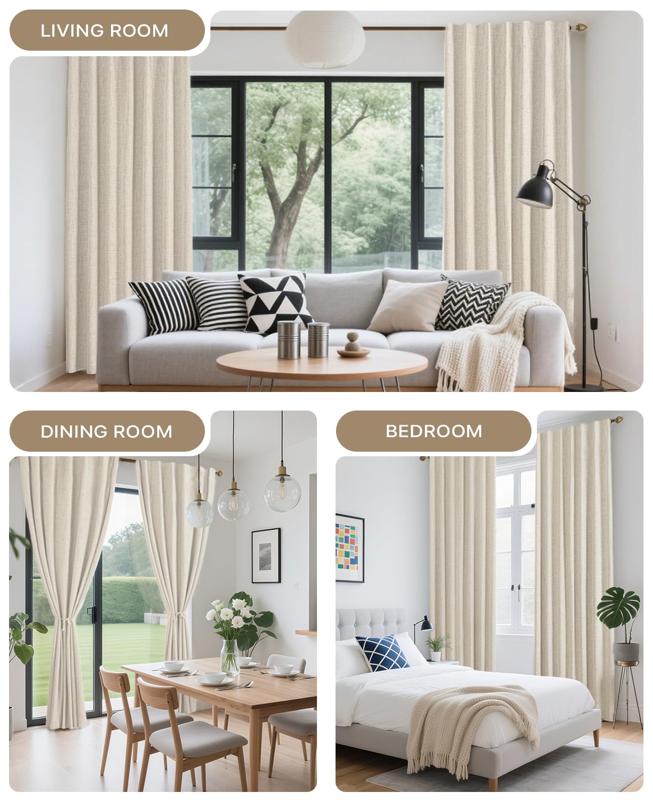 Gleantdeco 100% Blackout Bedroom Curtains-Thermal Insulated Room Darkening Window Drapes, 84" (7ft) 2 Panels, Natural Linen Blend Fabric with Boho Farmhouse Drapes with Back Tab Rod Pocket, Cream