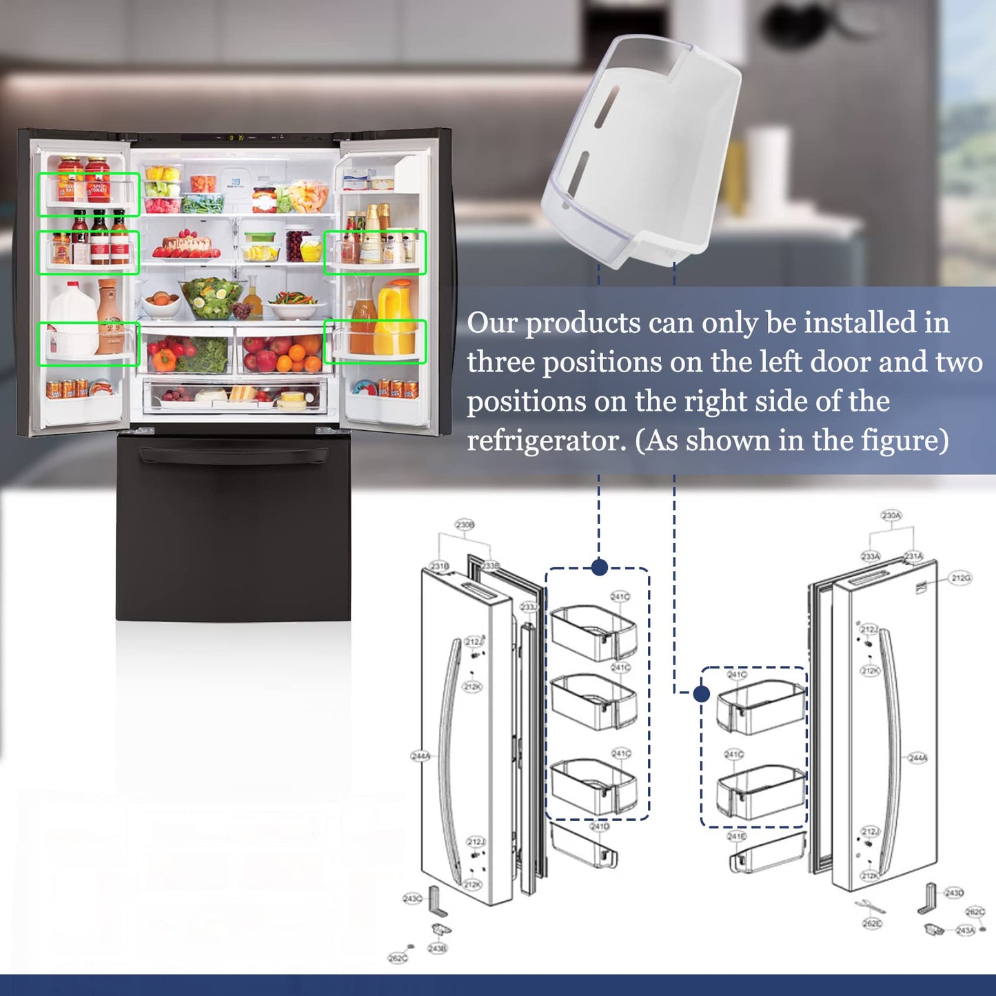 AAP73051304, PS10065040, EAP10065040 Door Shelf Bin Compatible with 795.7131, LG LFC24770 etc Refrigerators . Part Number : AP5955771, 3190322.