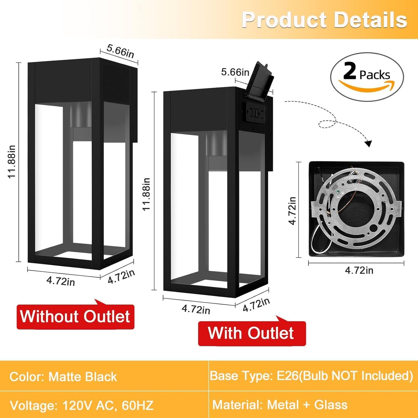 OYKYOHEI 2 Pack Outdoor Wall Light with Outlet,Exterior Light Fixture Wall Mount,Waterproof Porch Lights Outdoor Wall Sconce,Aluminum Anti-Rust LED Lantern for Outside House Garage Entryway,Black