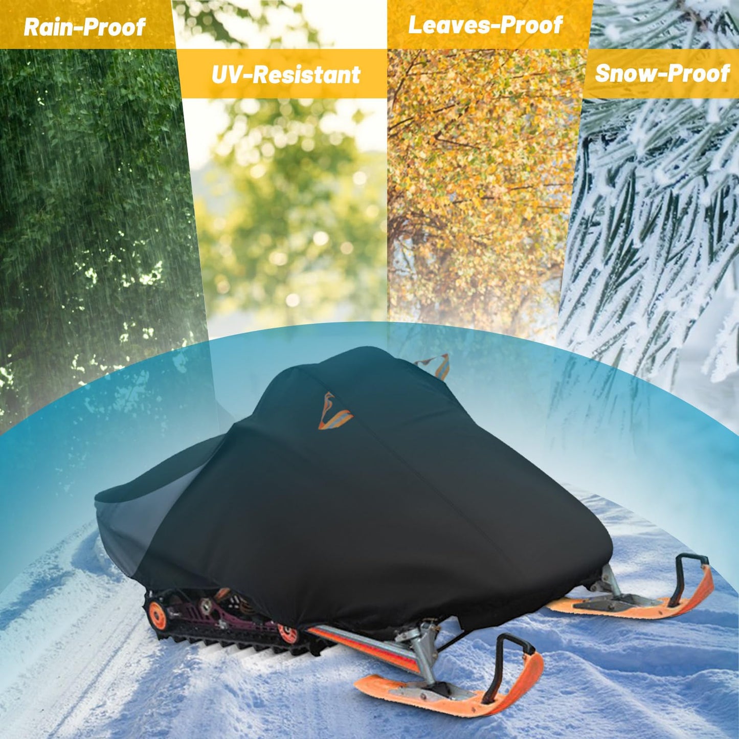 AUTOLION Waterproof Snowmobile Cover, Compatible with Polaris Ski Doo Arctic Cat Yamaha, Windproof Snowshield Cover with Windproof Buckles (130''L × 51''W × 48''H) Black and Grey