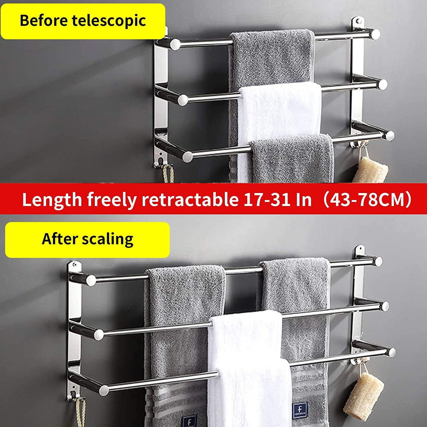 Towel Bars Towel Hanger Freely Retractable 20-30 Inch Stainless Steel Bath Towel Rack Strong Adhesive Bathroom Wall-mounting Free mounting Hole-Installing washroom Kitchen Space Saving 3 Bars
