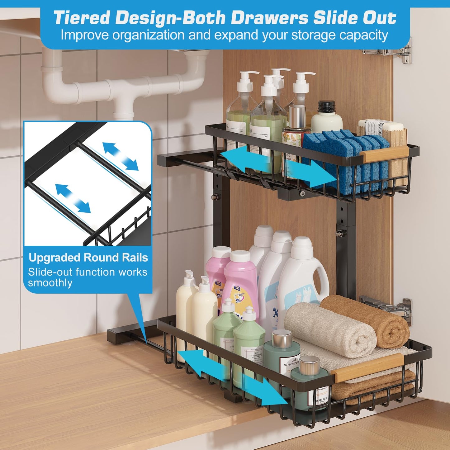 Floridy Under Sink Organizer 2 Packs, 2 Tier Slide Out Large Kitchen Sink Organizers and Storage Height Adjustable Under Cabinet Organizer for Kitchen Bathroom Pantry, Black