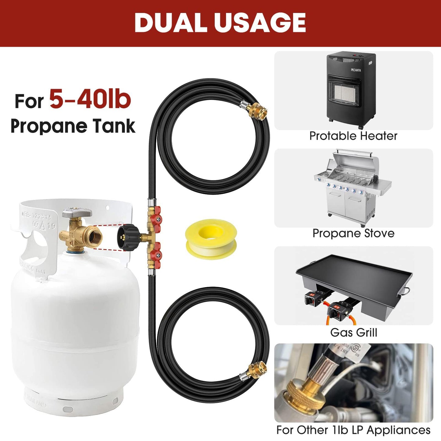 5FT Propane Hose 2 Way Y Splitter with Shut Off Valve, Propane Adapter 1lb Portable Appliance to QCC1/ Type1 5-40lb Tank, 350PSI for Heater, Camping Stove, Grill