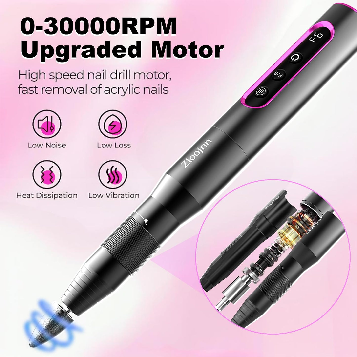 Professional Cordless Nail Drill with 12 Drill Bits -30000RPM Alloy Electric Nail File for Home&Salon Use,LED Display,Rechargeable&Quiet Manicure Pedicure Kit for DIY Manicure,Gifts for Nail Lovers