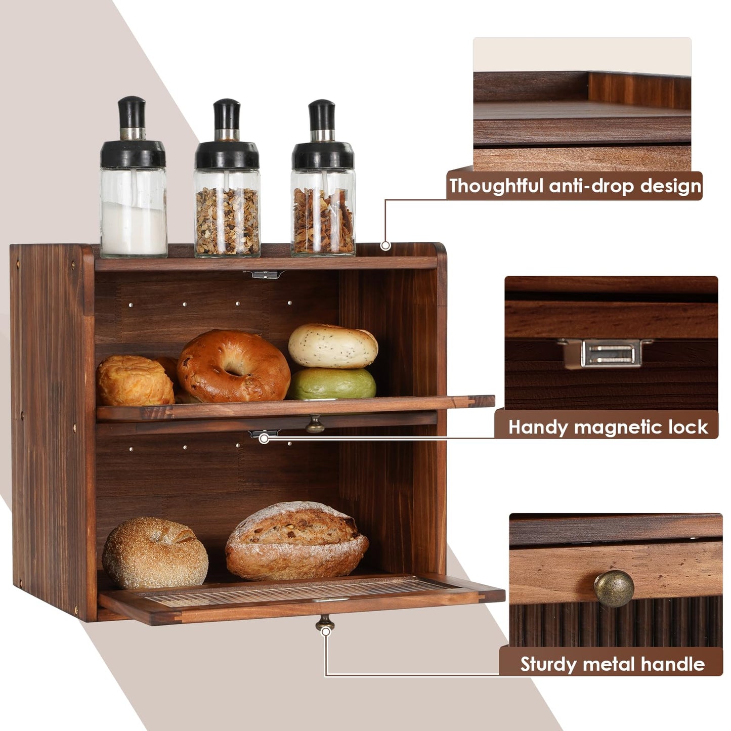 Sunhoo Bread Box for Countertop Bread Storage Bin Container Double Layer Extra Large Kitchen Counter Wood Breadbox Saver Keeper Vintage with Acrylic Window Easy to Assemble Boîte à Pain (Brown)