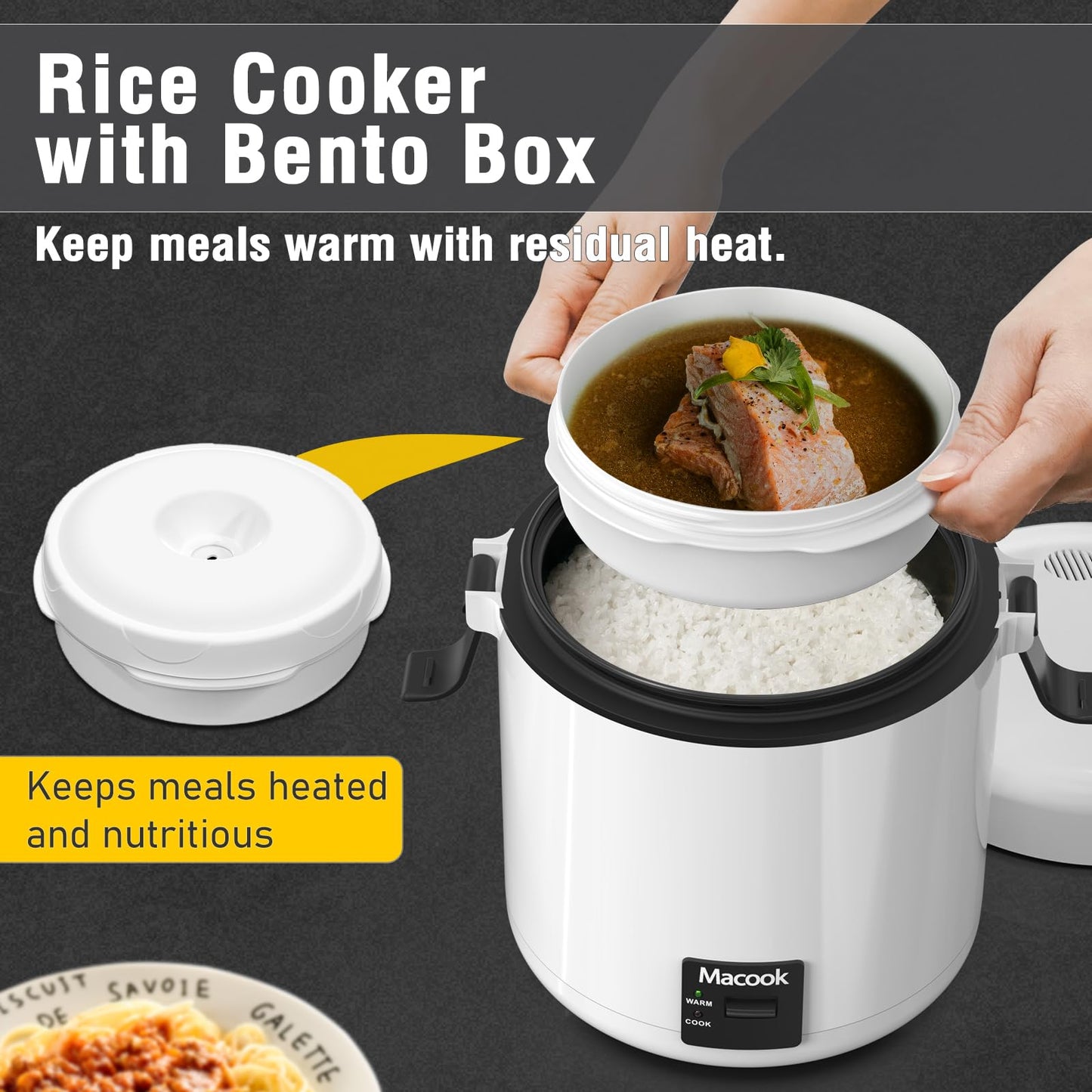 Macook Rice Cooker Small, 3-Cup Cooked (1.5 Cup Uncooked) Mini Rice Maker with Bento Box & Nonstick Pot - for Grains, Soup, Oatmeal, Keep Warm, Black