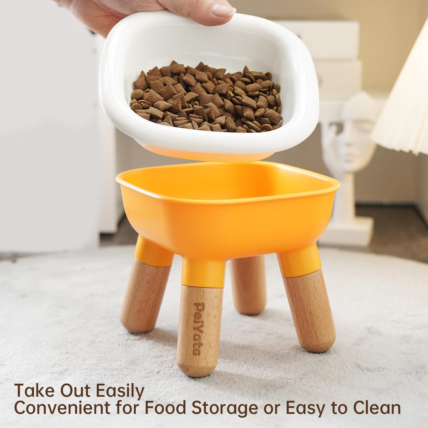 PEIYATA Ceramic Dog and Cat Bowl with Beech Wood & Acrylonitrile Butadiene Styrene Stand Weighted Food or Water Set for Cats &Small Dogs 13.5OZ