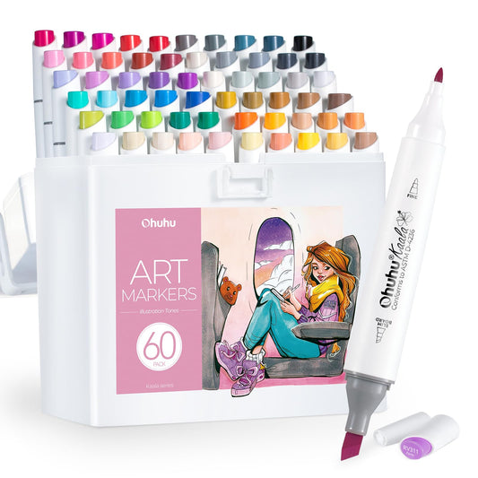 Ohuhu Alcohol Markers 60 Illustration Colors Alcohol-based Art Marker for Artists Adults Coloring Illustration- White Elephant Gift Exchange Refillable (Slim Broad & Fine)